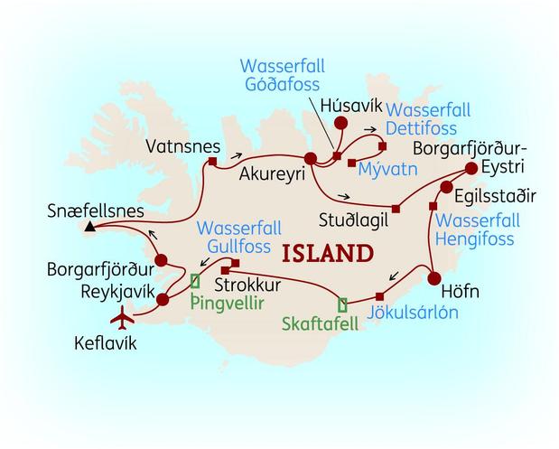 Reiseroute der 12 Tage Island Reise 