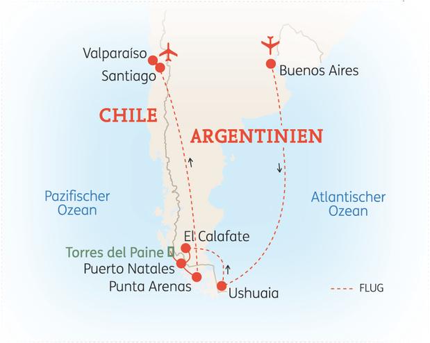 Reiseroute der 15 bis 16 Tage Argentinien & Chile Reise