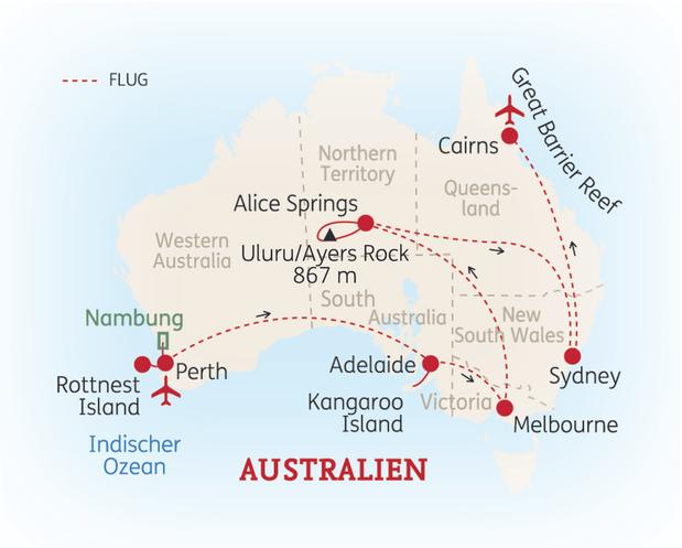 Reiseroute der 25 Tage Australien Reise