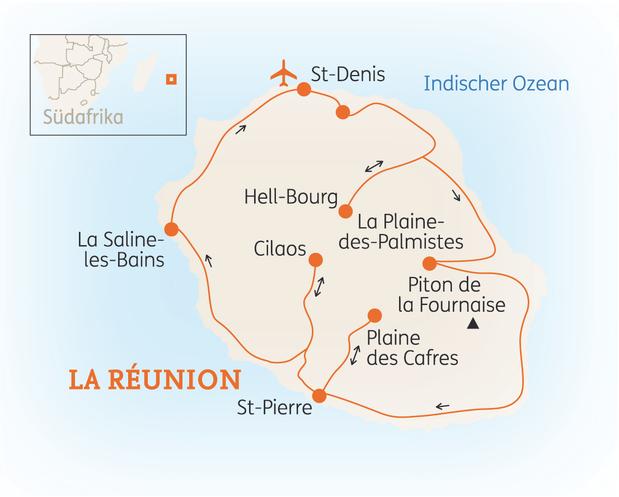 Reiseroute der 12 Tage La Réunion Reise