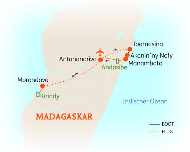 Reiseroute der 18-tägigen Madagaskar Reise