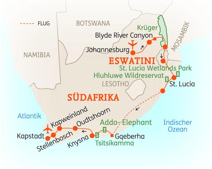 Reiseroute der 18 Tage Südafrika Reise