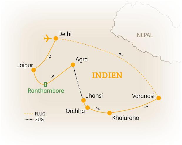 Reiseroute der 14 Tage Indien Reise