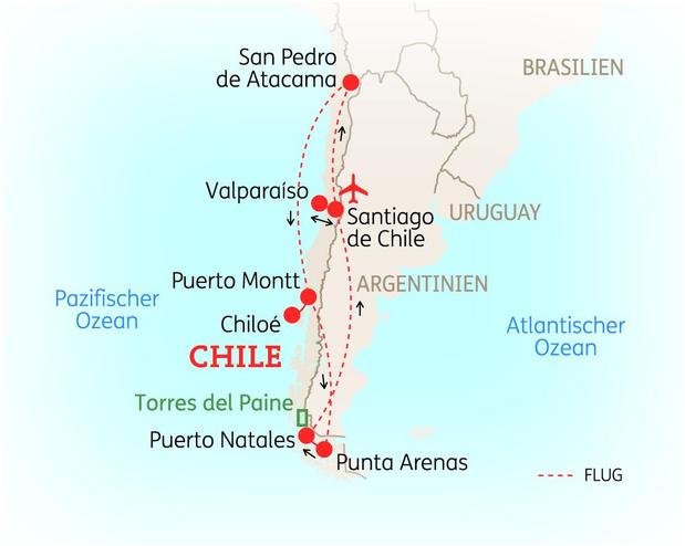 Reiseroute der 16 Tage Chile Reise