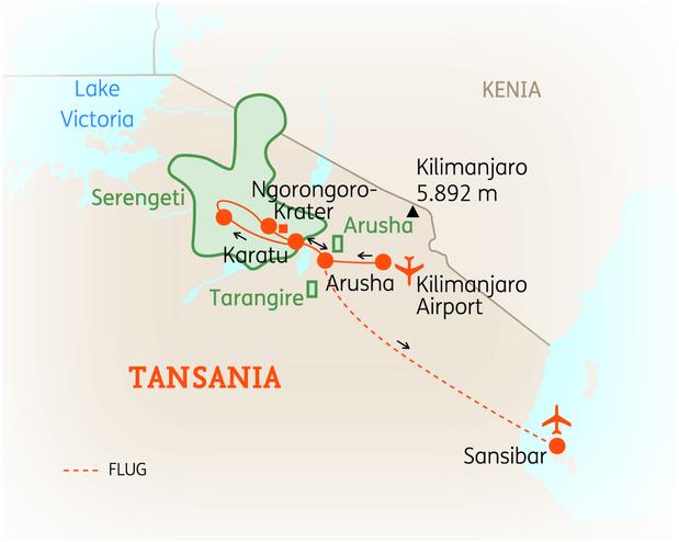 Reiseroute der 15 Tage Tansania & Sansibar Reise