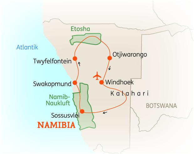 Reiseroute der 14 Tage Namibia Reise