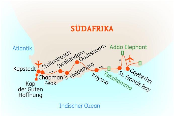 Reiseroute der 15 Tage Südafrika Reise 