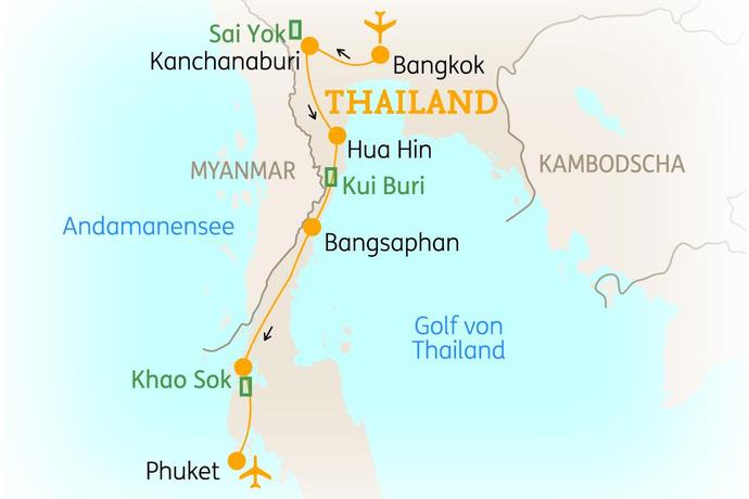 Reiseroute der 13 Tage Thailand Rundreise mit Strandaufenthalt auf Phuket