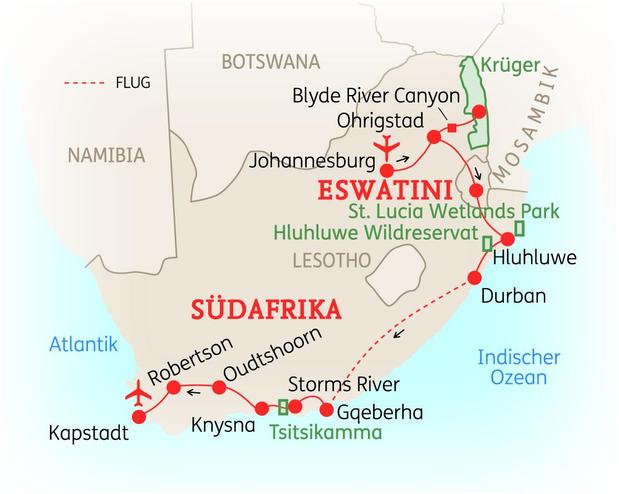 Reiseroute der 15 Tage Südafrika Reise 