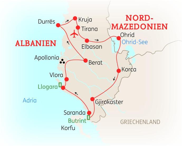Reiseroute der 10-tägigen Albanien Reise 