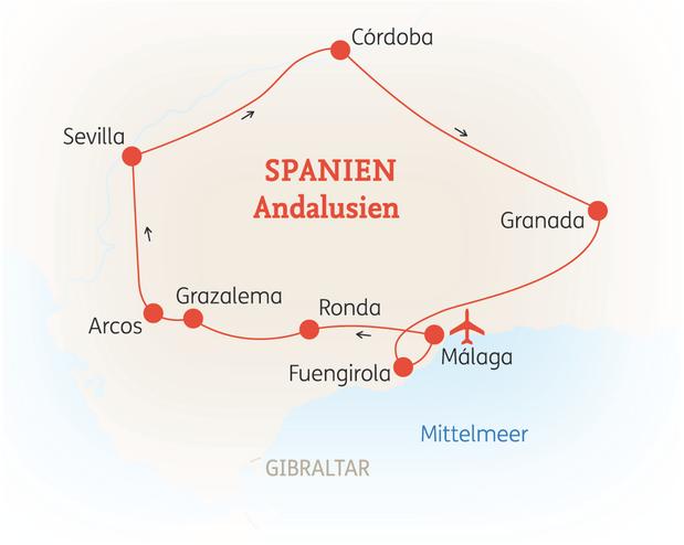 Reiseroute der 8 Tage Andalusien Reise