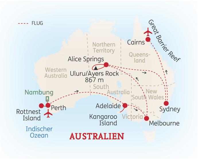 Reiseroute der 25 Tage Australien Reise