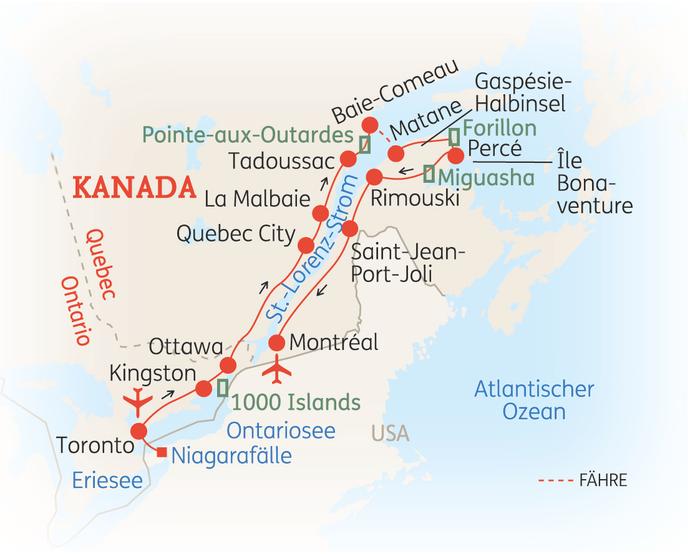 Reiseroute der 15 Tage Kanada Reise