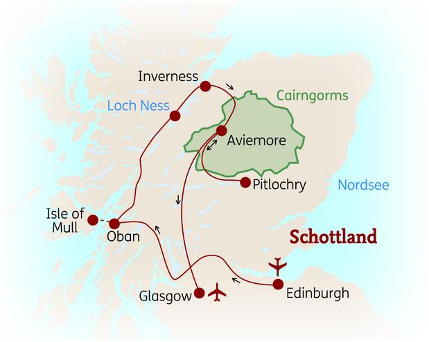 Reiseroute der 10 Tage Schottland Reise