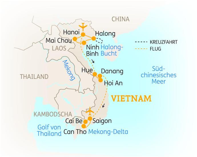 Reiseroute der 15-tägigen Vietnam Reise