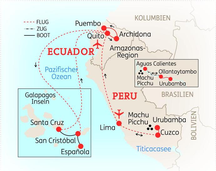 Reiseroute der 18 Tage Peru & Ecuador Reise
