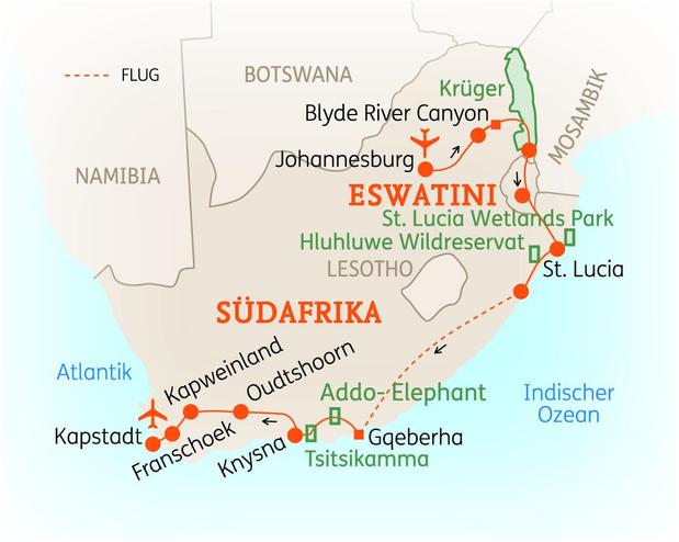 Reiseroute der 18 Tage Südafrika Reise