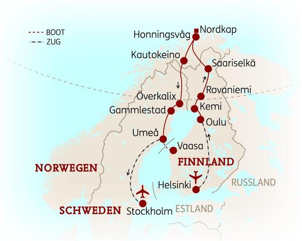 Reiseroute der 12-tägigen Nordkap Reise 