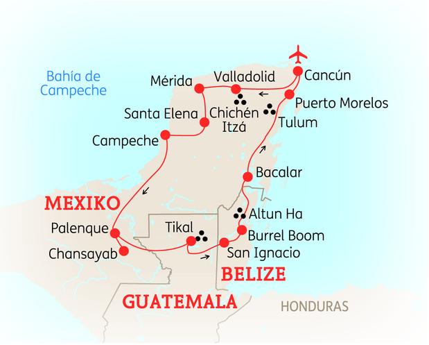 Reiseroute der 16 Tage Mexiko, Guatemala & Belize Reise