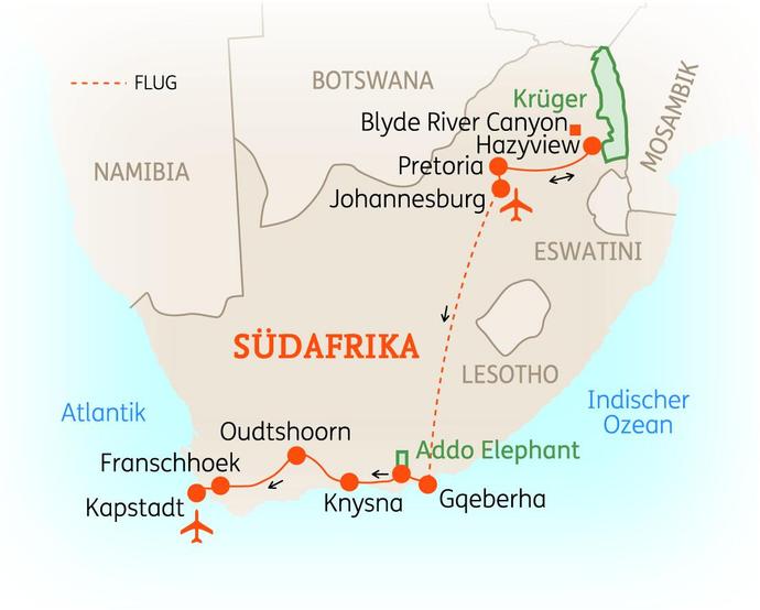 Reiseroute der 17 Tage Südafrika Reise 
