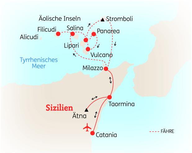 Reiseroute der 11 Tage Sizilien & Äolische Inseln Reise