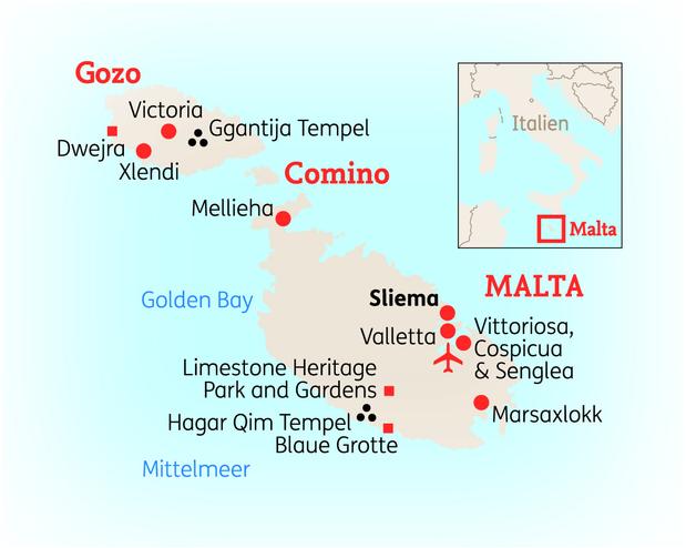 Reiseroute der 8 Tage Malta Reise