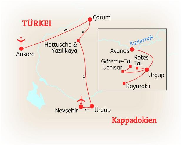 Reiseroute der 8-tägigen Kappadokien Rundreise 