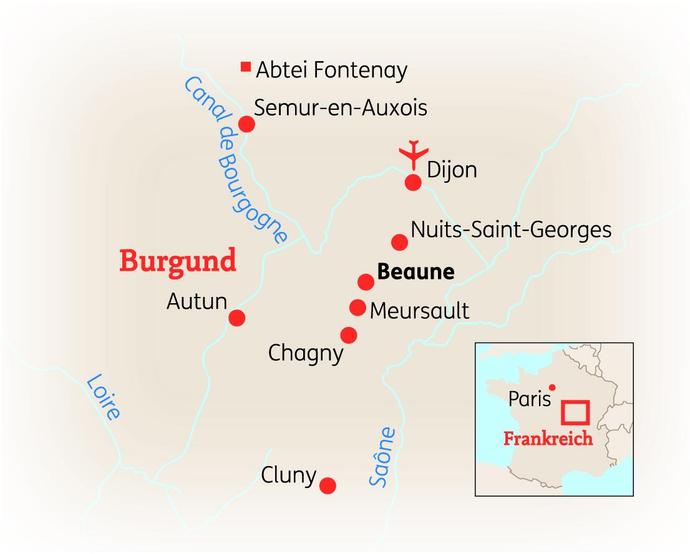Reiseroute der 8-tägigen Burgund Reise