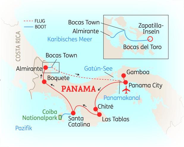 Reiseroute der 14-tägigen Panama Rundreise