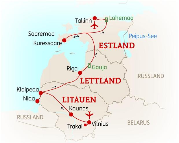 Reiseroute der 14 Tage Baltikum Reise