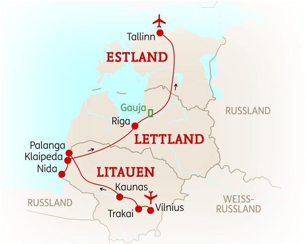 Reiseroute der 9-tägigen Baltikum Rundreise 