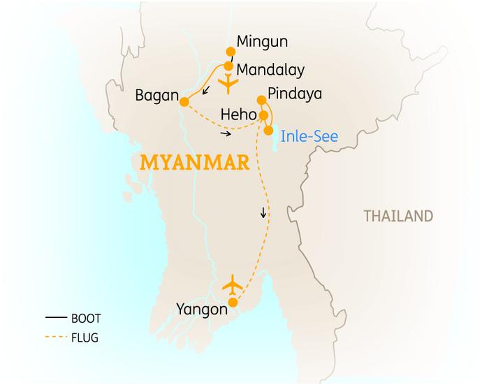 Reiseroute der 15 Tage Myanmar Reise