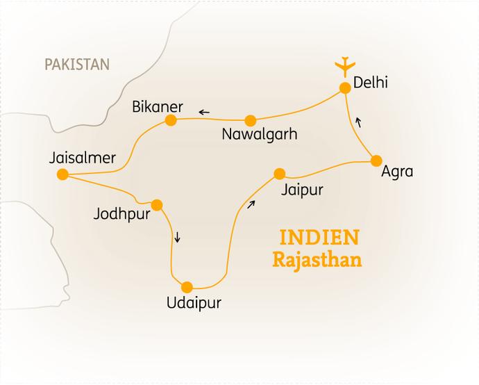 Reiseroute der 14 Tage Indien Reise