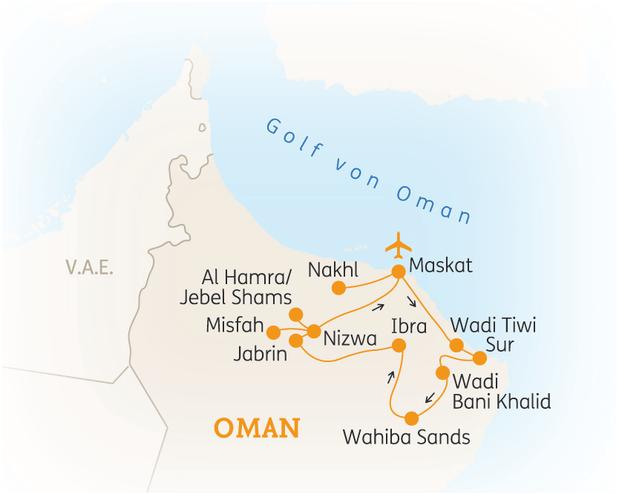 Reiseroute der 8 Tage Oman Reise