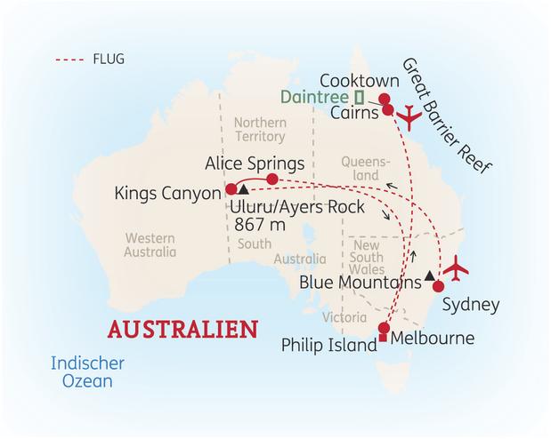 Reiseroute der 19 Tage Australien Reise