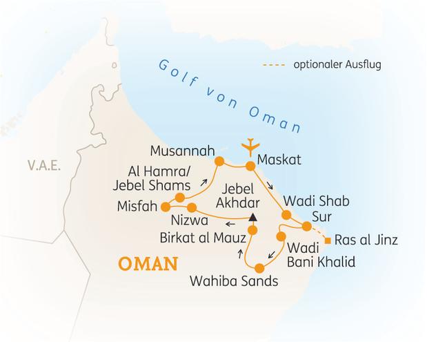Reiseroute der 8 Tage Oman Reise