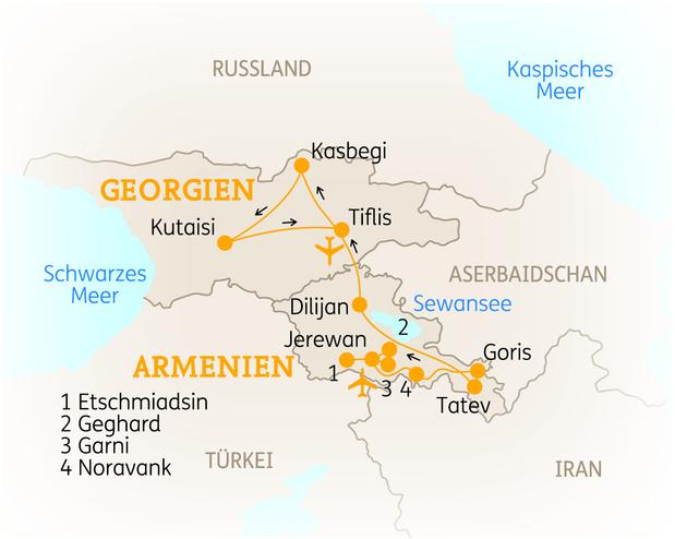Reiseroute der 13 Tage Armenien & Georgien Reise
