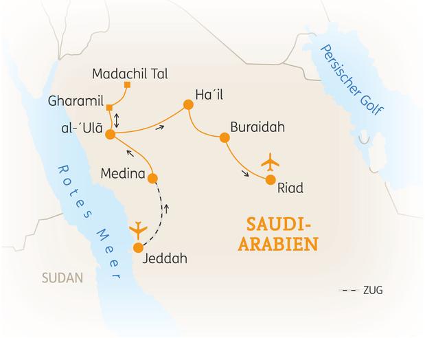 Reiseroute der 9 Tage Saudi Arabien Reise