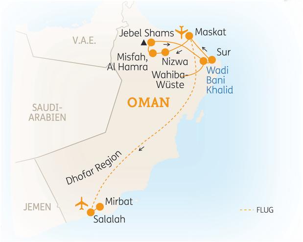 Reiseroute der 9-tägigen Oman Rundreise