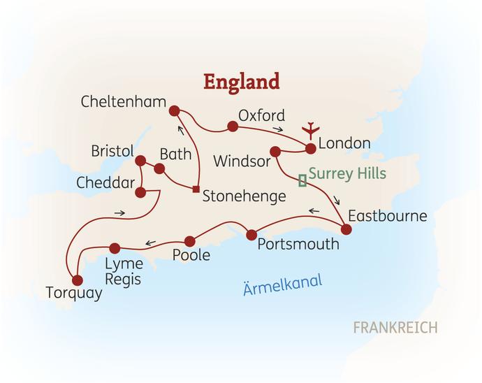 Reiseroute der 10-tägigen England Reise