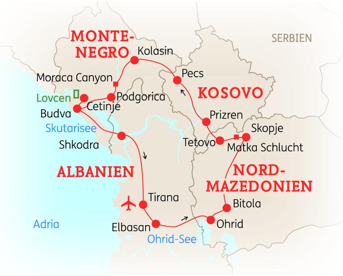 Reiseroute der 10 Tage Balkan Reise