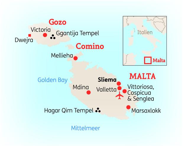 Reiseroute der 6 Tage Malta Reise