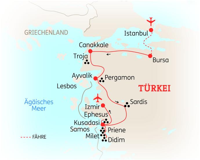 Reiseroute der 8 Tage Westtürkei Reise