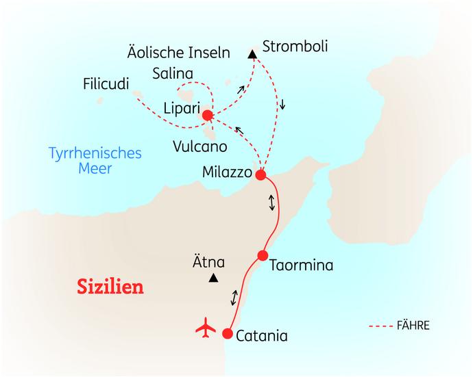 Reiseroute der 9 Tage Sizilien & Äolische Inseln Reise