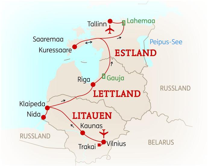 Reiseroute der 14 Tage Baltikum Reise