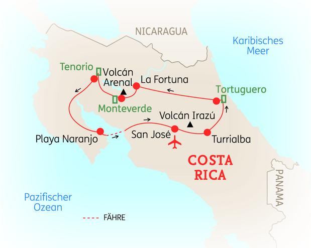 Reiseroute der 16 Tage Costa Rica Reise 