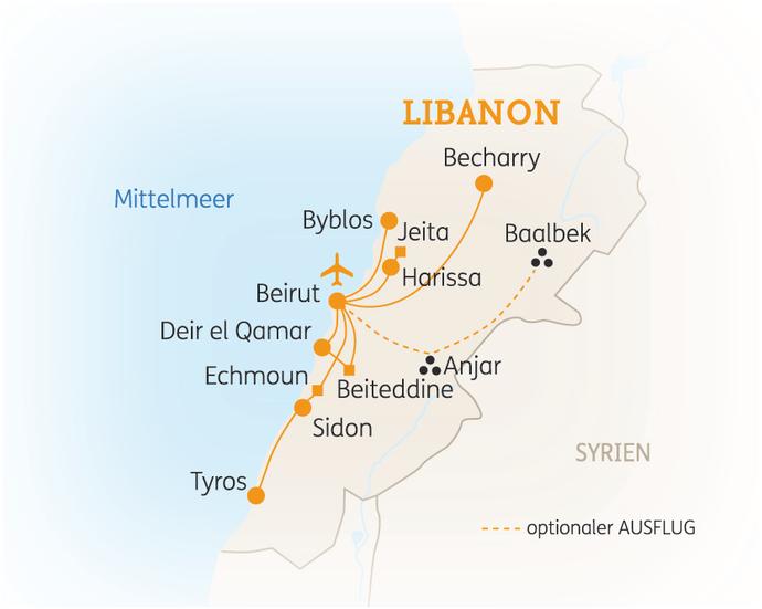 Reiseroute der 8 Tage Libanon Reise
