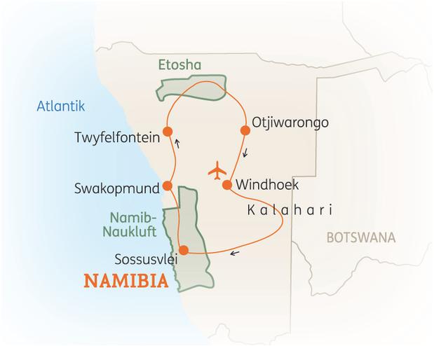 Reiseroute der 14 Tage Namibia Reise