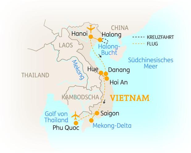 Reiseroute der 15-tägigen Vietnam Reise 