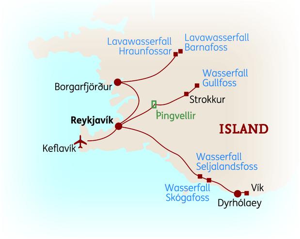 Reiseroute der 8 Tage Island Reise